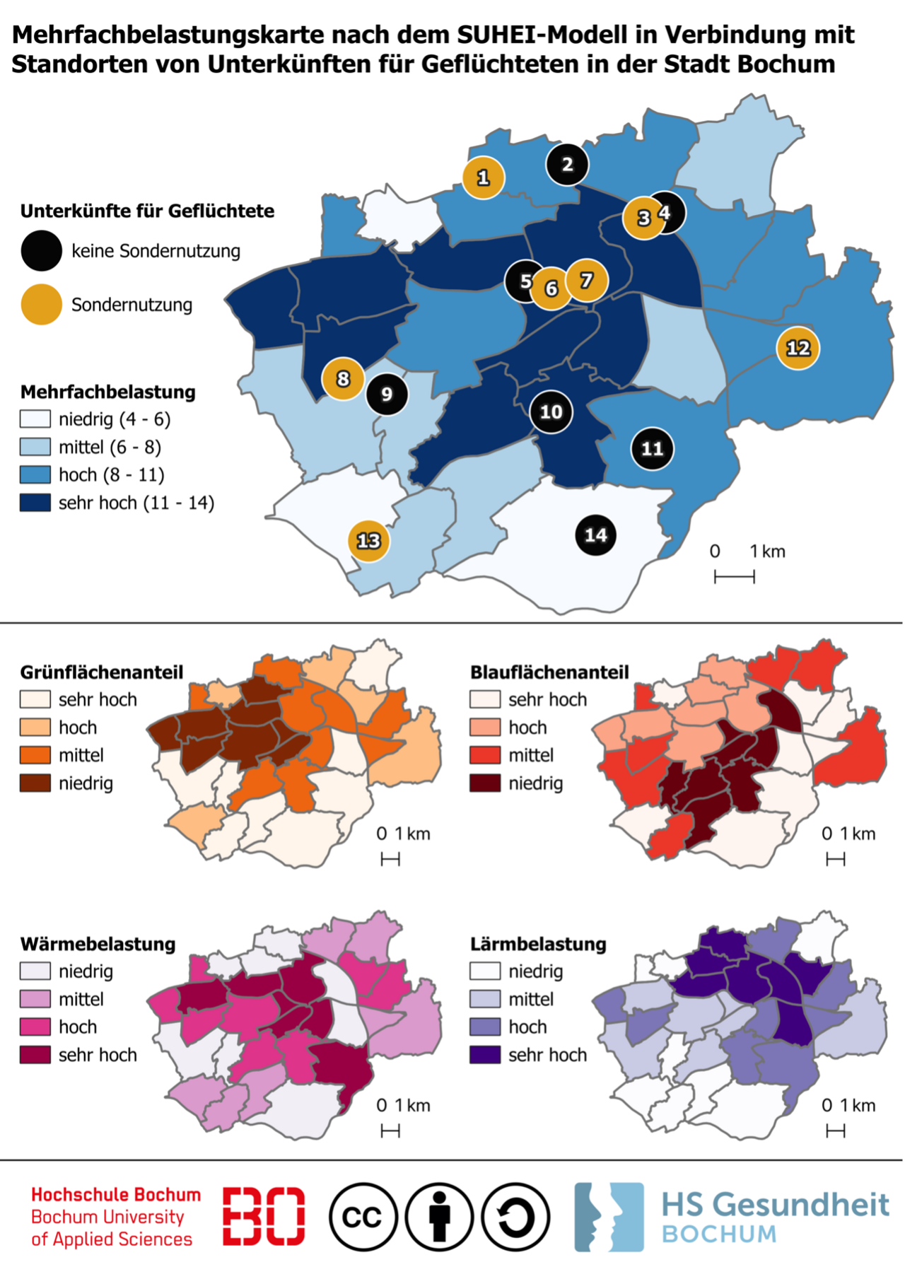 Mehrfachbelastungskarte nach dem SUHEI-Modell in Verbindung mit Standorten von Unterkünften für Geflüchtete in der Stadt Bochum